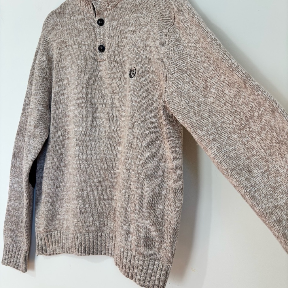 Chaps Men Beige Brown Quarter Button Long Sleeve Elbow Patch Cotton Knit sweater - Picture 5 of 16